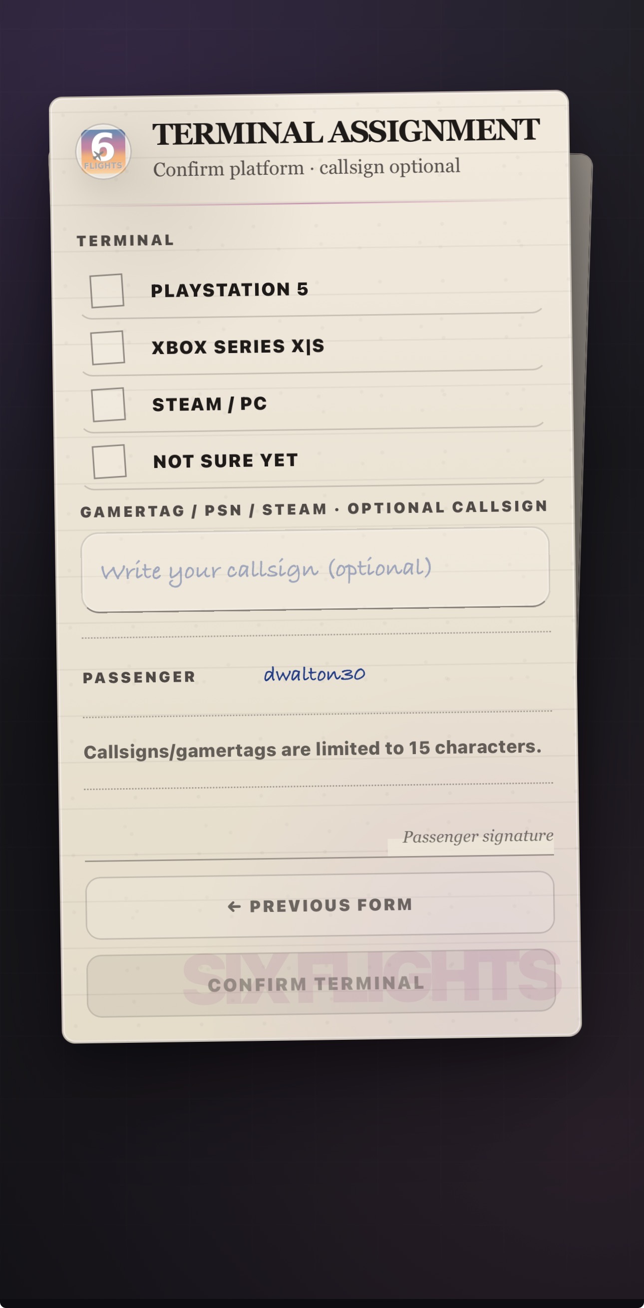 SixFlights terminal assignment onboarding form